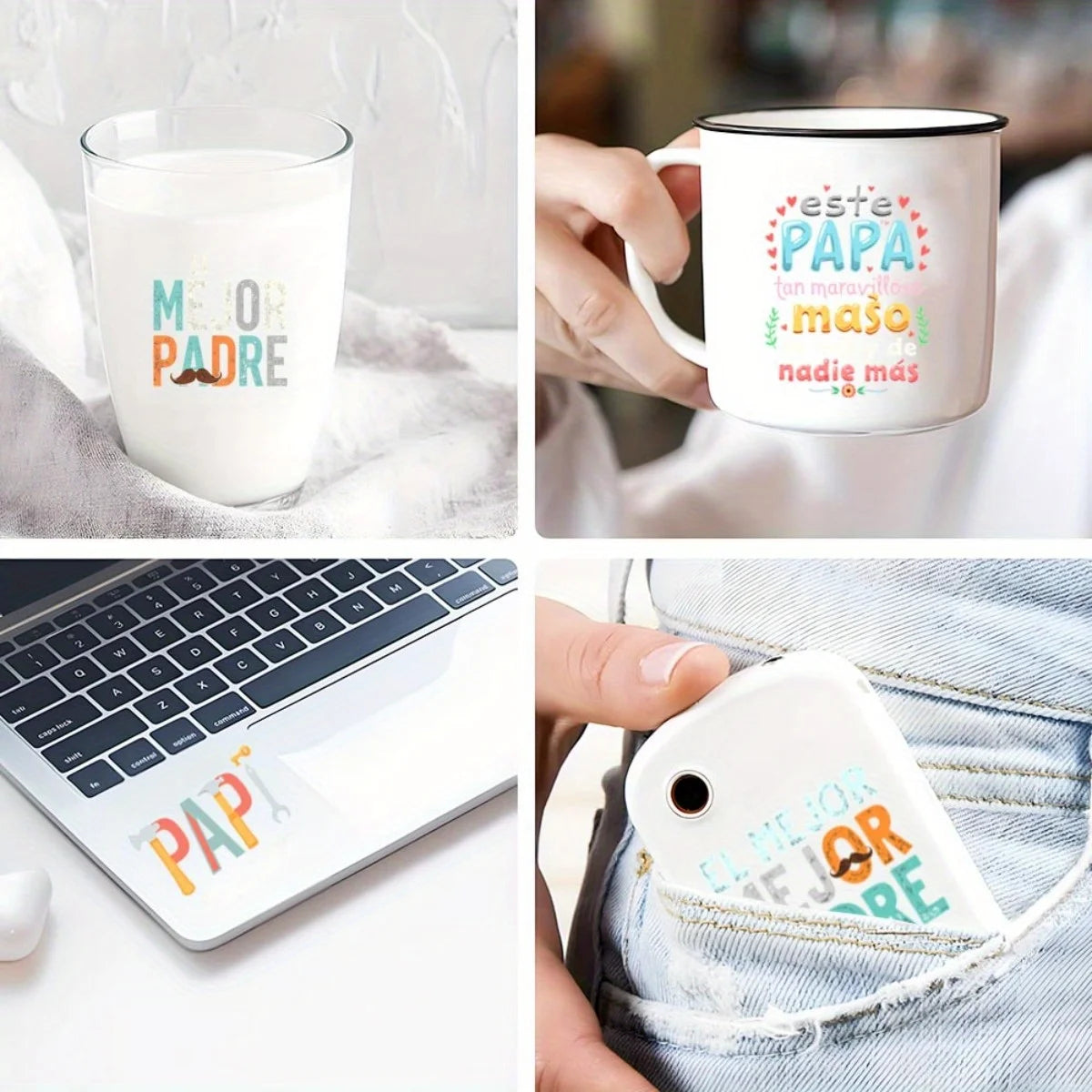 24Pcs/Set Father's Day Quotes Spanish DIY Glass Jars Wrap Stickers Coffee Cups UV DTF Transfers Decor Sticker On Mugs
