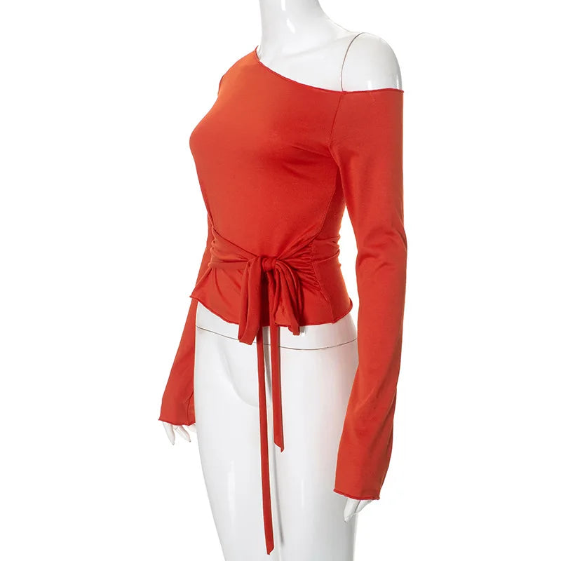 One Shoulder T Shirts For Women Aesthetic Clothes Sashes Crop Top Y2k Accessories Long Sleeve Lady Tshirt Ropa Mujer Camisetas    Your Coastal Marketplace | Shoreshopper.com