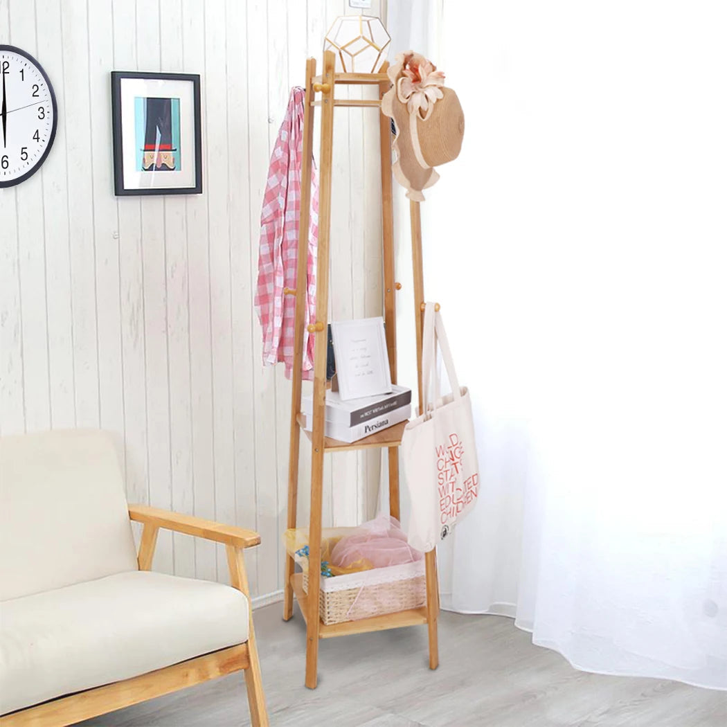 Bamboo Coat Rack Free Standing 2-Shelves Clothing Storage Garment Organizer Stand with 8 Hooks Clothes Poles 55kg Load-bearing f    Home Decor Supply | Online Retail | ShoreShopper.com