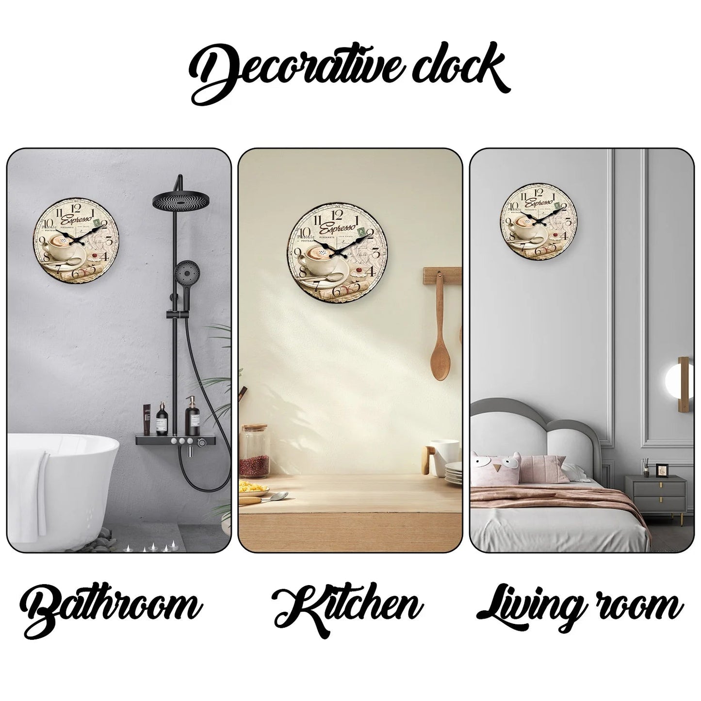 European Retro Coffee Cup Pattern Wooden Wall Clock for Living Room, Bedroom, Kitchen, Home Decoration, Silent Quartz Clock, Holiday Gift, 10 Inches, 12 Inches (No Battery)    Home Decor Supply | Online Retail | ShoreShopper.com