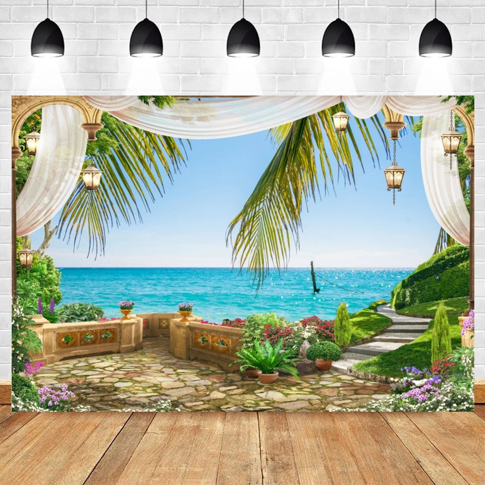 Summer Seaside Beach Photography Backdrop Natural Scenery Castle Tropical Sunshine Palms Leaves Photo Background Studio Props    Your Coastal Marketplace | Shoreshopper.com
