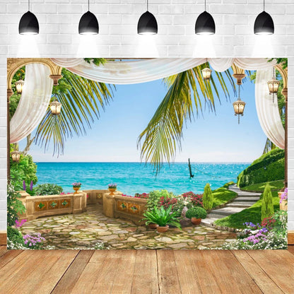 Summer Seaside Beach Photography Backdrop Natural Scenery Castle Tropical Sunshine Palms Leaves Photo Background Studio Props    Your Coastal Marketplace | Shoreshopper.com