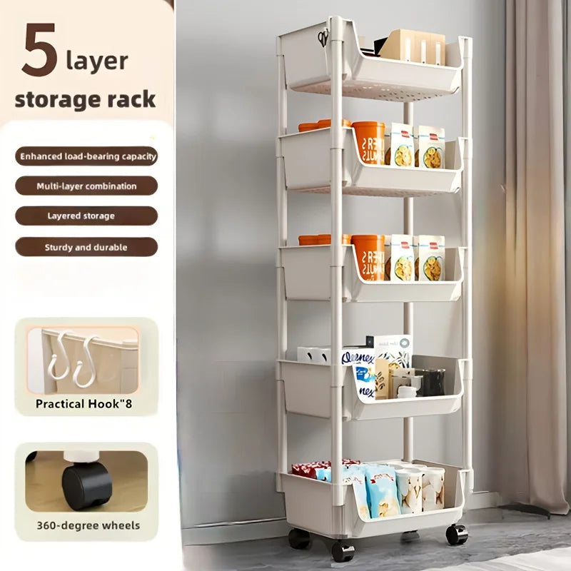 Multi-Tier Rolling Storage Cart, Slim Rolling Cart with Storage Bins and Hooks - Space-Saving Organizer, 360° Rotating Storage C    Home Decor Supply | Online Retail | ShoreShopper.com