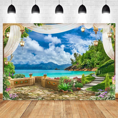Summer Seaside Beach Photography Backdrop Natural Scenery Castle Tropical Sunshine Palms Leaves Photo Background Studio Props    Your Coastal Marketplace | Shoreshopper.com