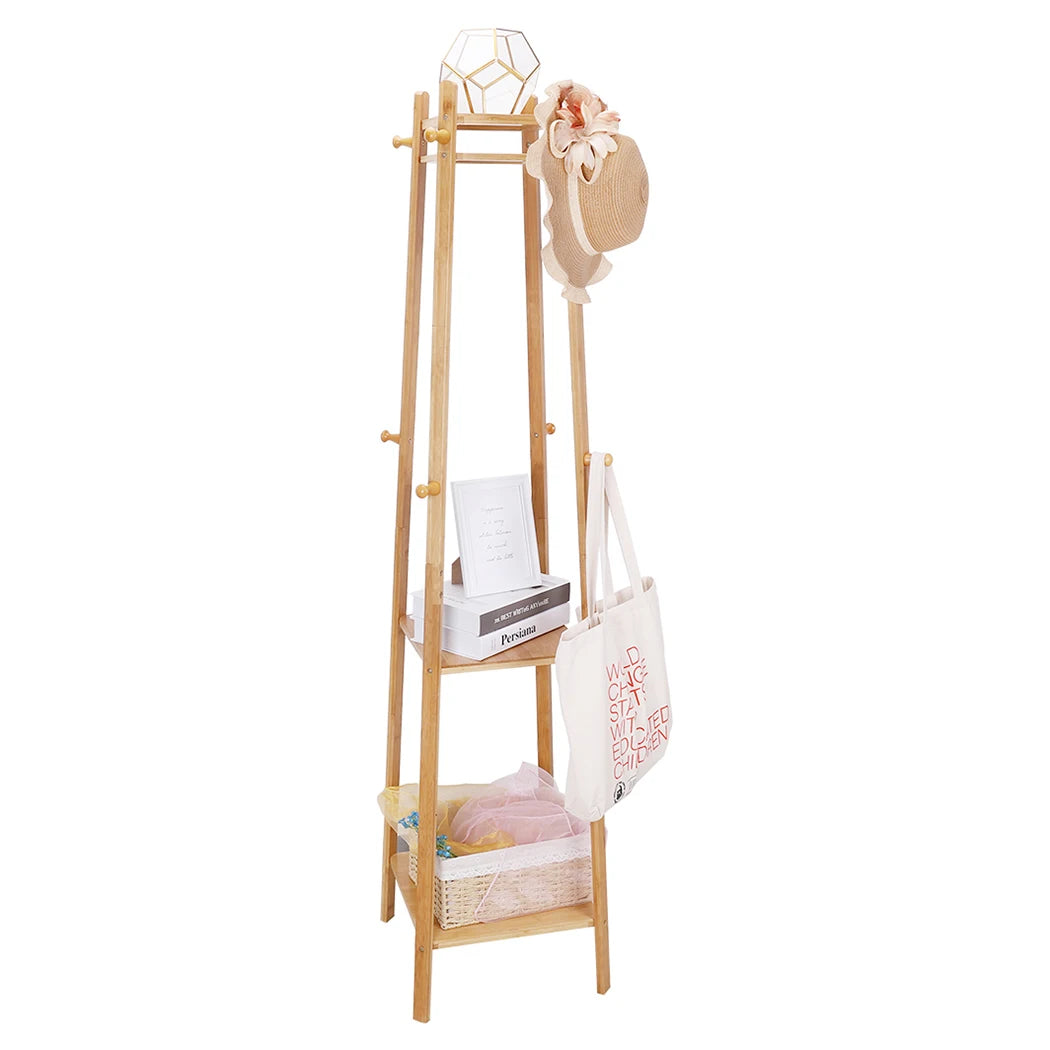 Bamboo Coat Rack Free Standing 2-Shelves Clothing Storage Garment Organizer Stand with 8 Hooks Clothes Poles 55kg Load-bearing f    Home Decor Supply | Online Retail | ShoreShopper.com