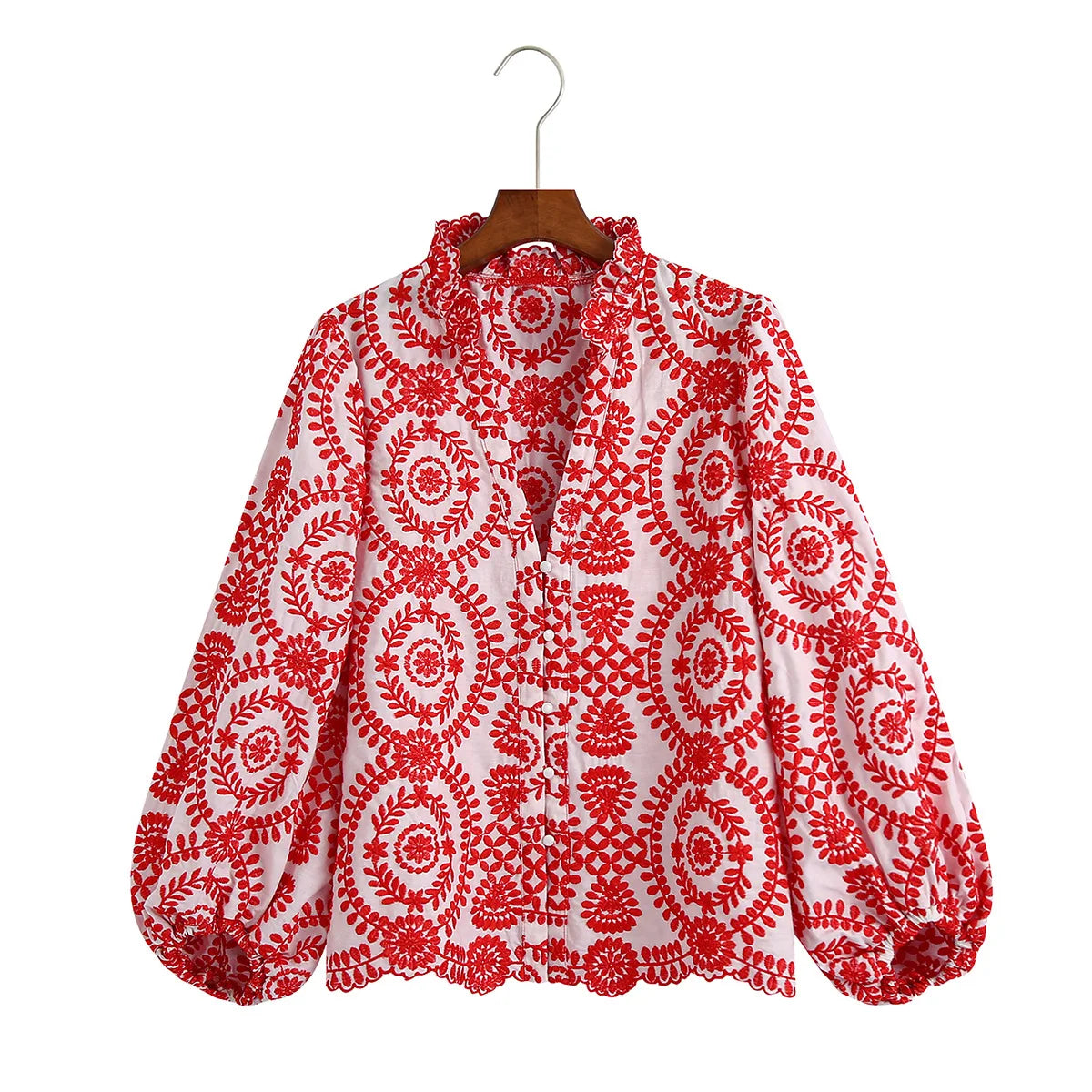 Women Red Floral Embroidered Shirt V Neck Long Sleeve Blouse Down Bohemian T-Shirt Casual Vacation Style Summer Clothing    Your Coastal Marketplace | Shoreshopper.com