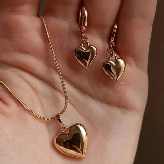 Glossy Gold Plated Metal Love Heart Dangle Earrings Necklace Jewelry Set for Women Simple Dainty Daily Wear Outfit Accessories    Home Decor Supply | Online Retail | ShoreShopper.com