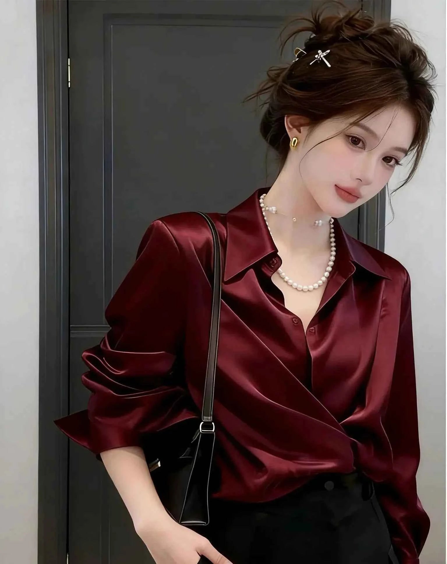 Women's Shirts & Blouses Spring Summer New Long Sleeve Button Up White Satin Top Thin Office Lady Work Wear Female Clothing Hot