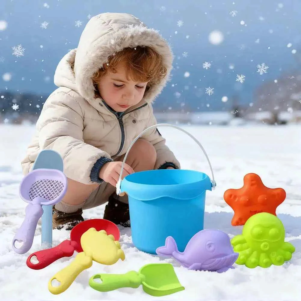 Beach Toy Set for Kids Plastic Sand Play Set with Bucket, Shovels, Molds Sea Creature Molds, Smooth Edges, Bright Colors
