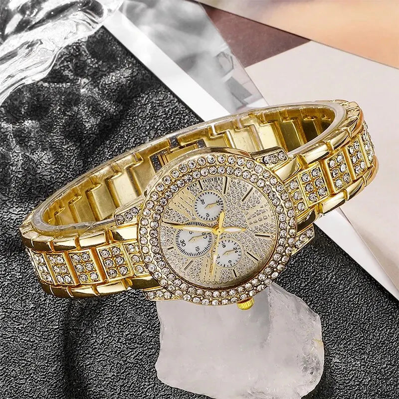 Women's Quartz Watch Gold Luxury Women Ring Necklace Earring Rhinestone Fashion Wristwatch Casual Ladies Watches Jewelry Set    Home Decor Supply | Online Retail | ShoreShopper.com