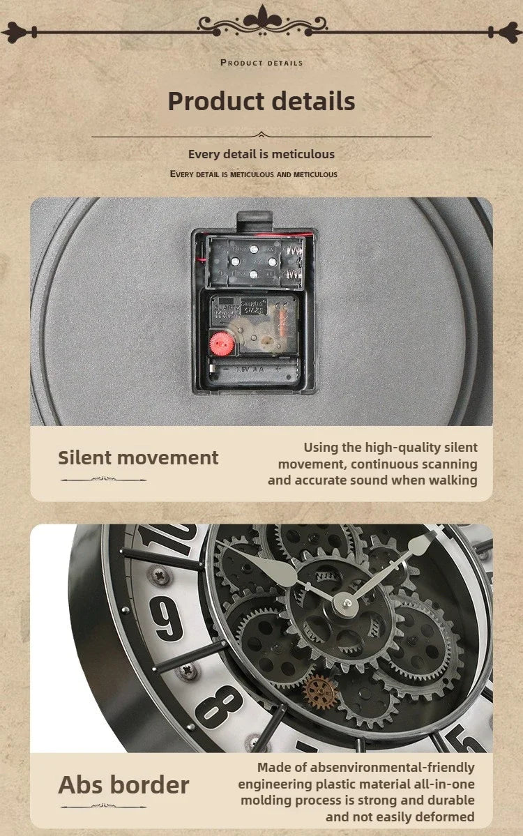 Retro Industrial Roman Wall Clock  Gear Rotation Clock Living Room Decorative Wall Clock Stylish Silent Wall Clock Quartz Clock    Home Decor Supply | Online Retail | ShoreShopper.com