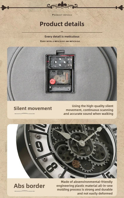 Retro Industrial Roman Wall Clock  Gear Rotation Clock Living Room Decorative Wall Clock Stylish Silent Wall Clock Quartz Clock    Home Decor Supply | Online Retail | ShoreShopper.com