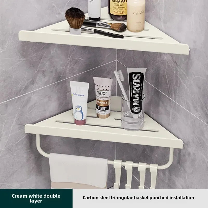 Bathroom Triangle Drain Shelf No Drilling Wall Mounted Cosmetic and Toiletries Hollow Carbon Steel Shelf with Hooks    Home Decor Supply | Online Retail | ShoreShopper.com