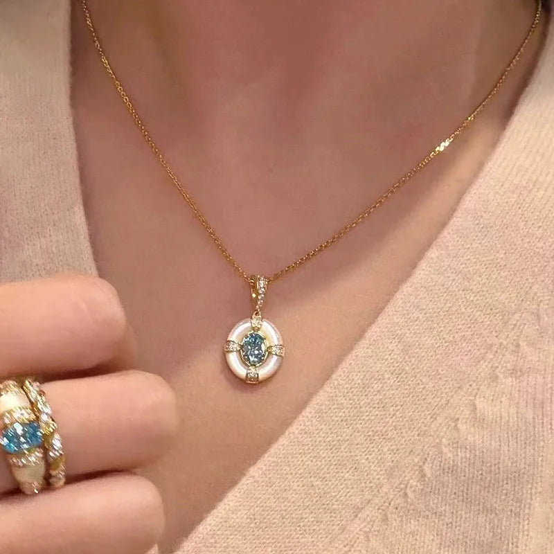 Classic blue jewelry sets dreamy aquamarine gem White Fritillaria ring necklace High quality palace style retro wedding gift    Home Decor Supply | Online Retail | ShoreShopper.com