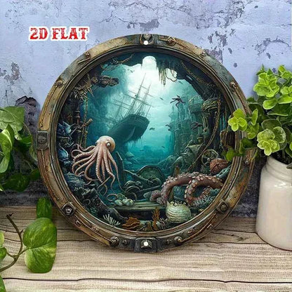 Nautical Porthole Wall Decor - Underwater Shipwreck Scene Metal Sign, Easy Hang Indoor Decoration for Living Room,  Wedding Gift