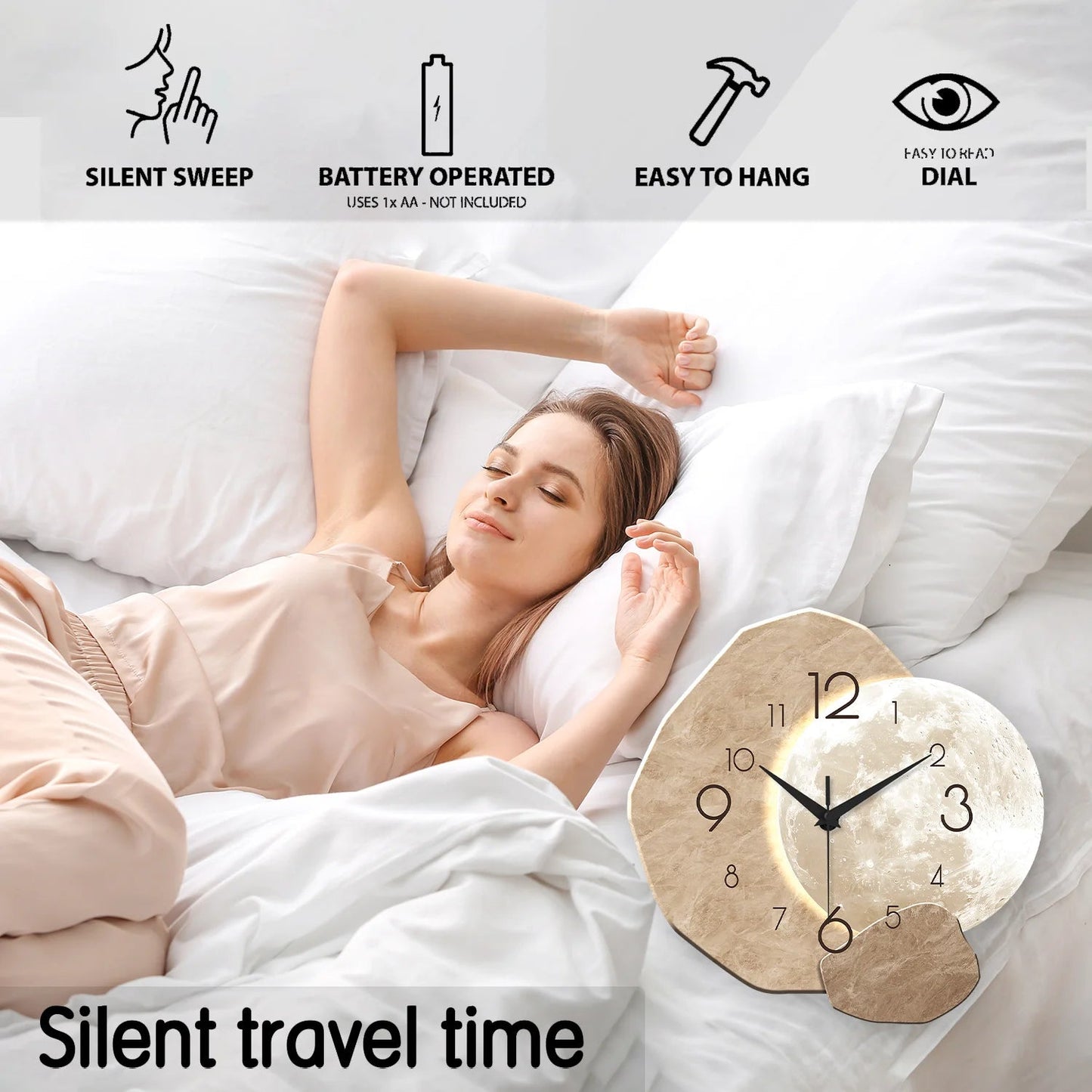 Modern Simple Silent Wall Clock, Moon Design - Quartz Movement, Wooden Material, for Bedroom, Living Room or Office Decoration    Home Decor Supply | Online Retail | ShoreShopper.com