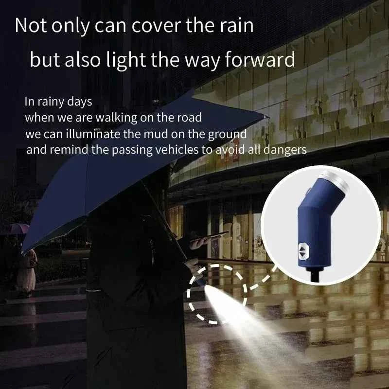 Travel Umbrella with Built-In LED Flashlight Rotating Handle Windproof 10-Rib UV Protection Automatic Open Design