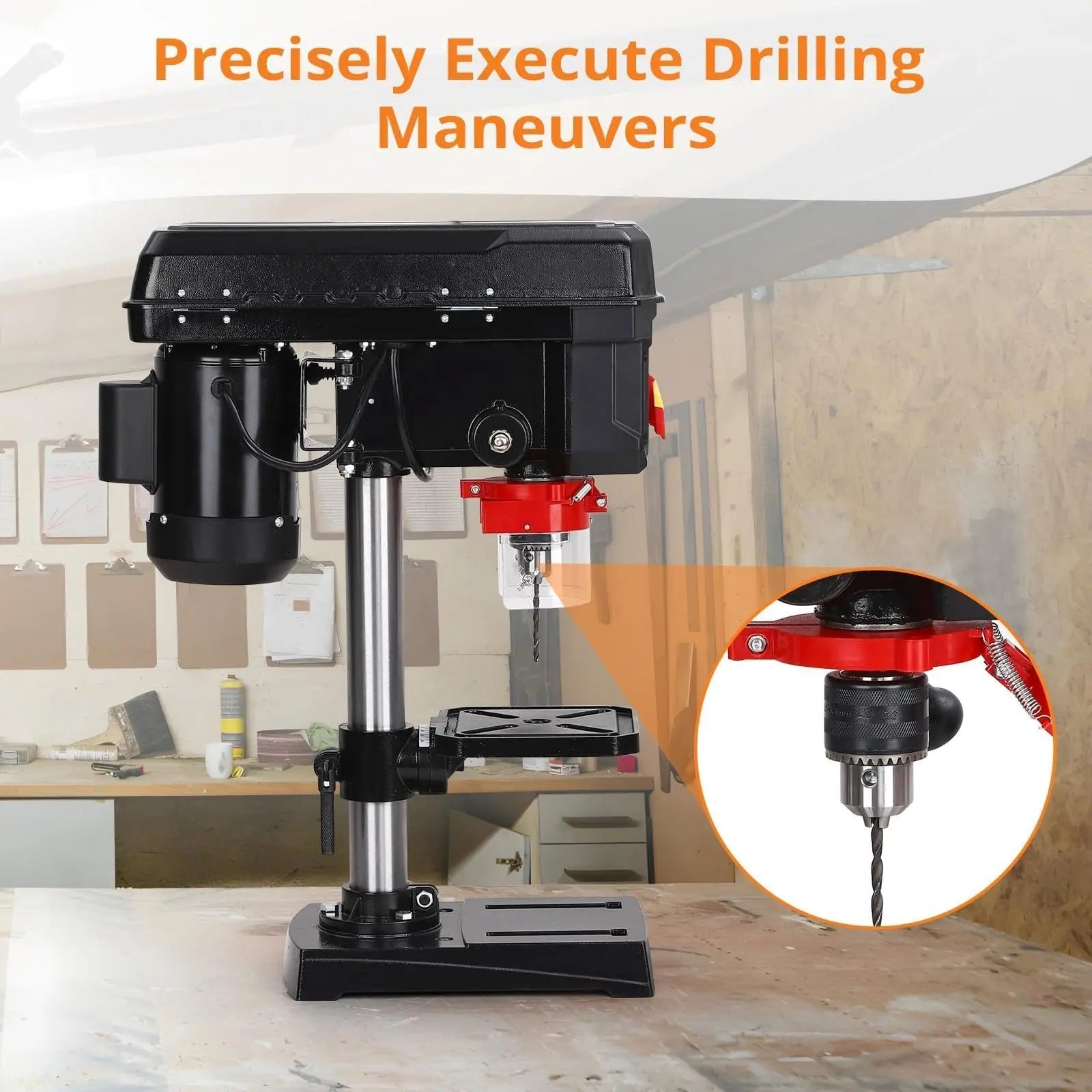8 Inch Bench Drill Press, 2.5Amp, 5 Speed Adjustable, Swing Distance 0-45° Tilting, Controls Benchtop for Wood, Metal Drilling    Home Decor Supply | Online Retail | ShoreShopper.com
