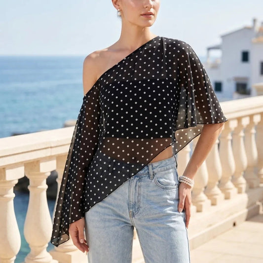 Beach Wear Transparent Sunscreen Cover-up Polka Dot Cloak Clear Cover Shirt Loose Fit Short Sheer Top Off Shoulder Blouse Beach    Your Coastal Marketplace | Shoreshopper.com