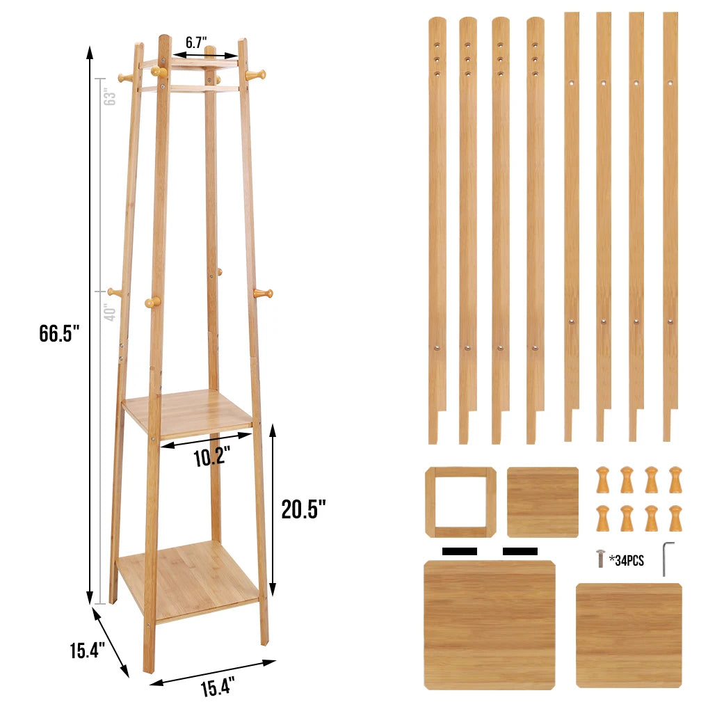 Bamboo Coat Rack Free Standing 2-Shelves Clothing Storage Garment Organizer Stand with 8 Hooks Clothes Poles 55kg Load-bearing f    Home Decor Supply | Online Retail | ShoreShopper.com