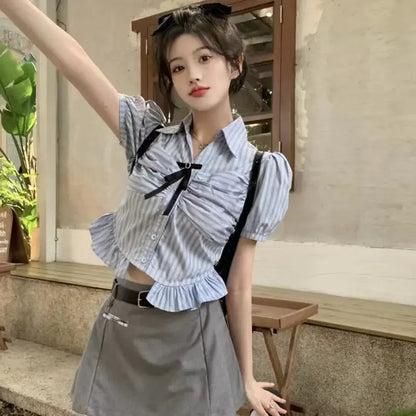 Bow-rinked Striped Shirt for Women Summer French Sweet and Spicy Puff Sleeve Shirt Short Short Sleeve Top    Home Decor Supply | Online Retail | ShoreShopper.com