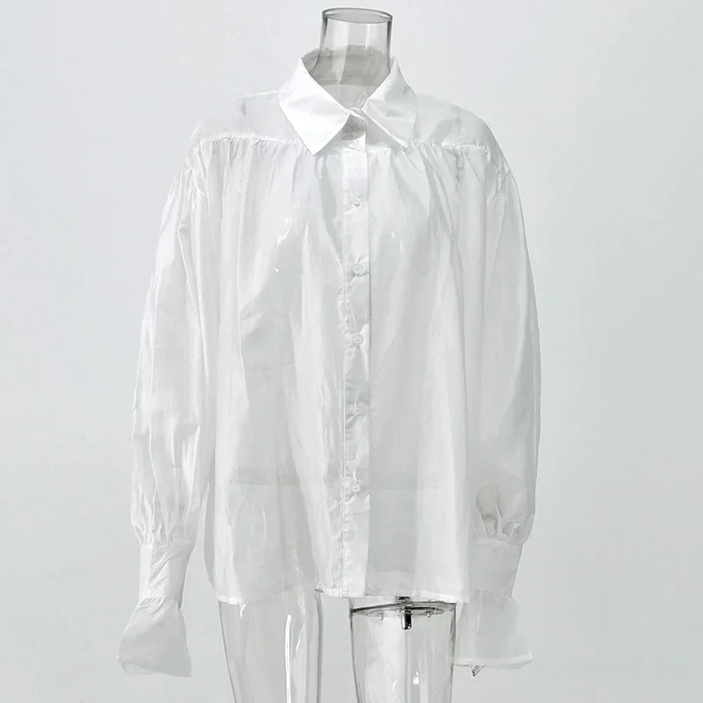 Women's Shirt Long Sleeve Turn-down Collar Sexy See-through Loose Button Women Shirts Beach Style Simple Solid Color Casual Tops    Your Coastal Marketplace | Shoreshopper.com