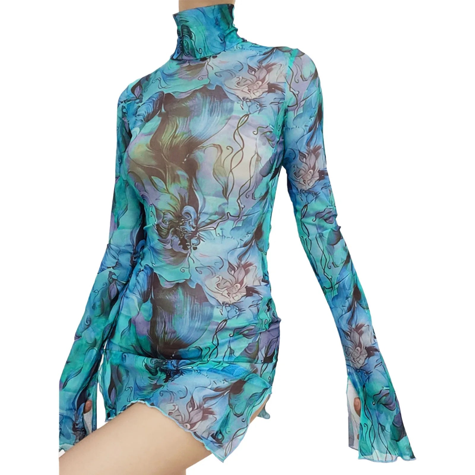 Top Selling Mesh Printed Round Neck Womens Dresses For Teens Plus Size Bell Sleeve Side Open Hip Dress Vestidos Para Mujer    Home Decor Supply | Online Retail | ShoreShopper.com