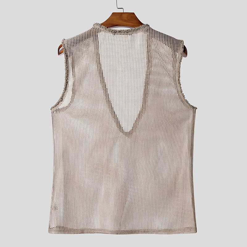 INCERUN Men Tank Tops Hollow Out Mesh See Through Sexy Tassel Male Vests Summer 2025 Solid Color Fashion Streetwear Men Clothing - ShoreCo.Shop