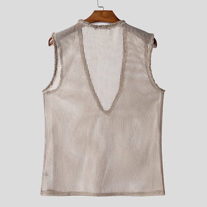 INCERUN Men Tank Tops Hollow Out Mesh See Through Sexy Tassel Male Vests Summer 2025 Solid Color Fashion Streetwear Men Clothing - ShoreCo.Shop