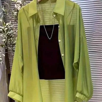 New Women's Shirt | Lightweight Breathable, Solid Color, Straight Button Placket, Lapel, Long-Sleeve, Outerwear & Sun-Protective