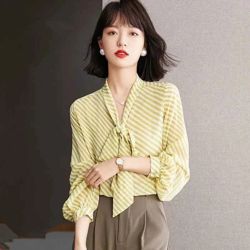 Striped Women's Shirt And Blouse Casual Youth Clothing Trend 2025 Novelty Streetwear Vintage Modern Long New V Neck Female Tops