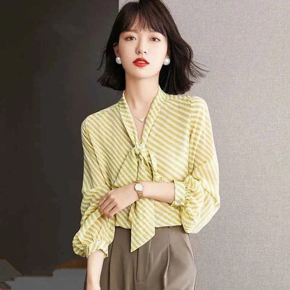 Striped Women's Shirt And Blouse Casual Youth Clothing Trend 2025 Novelty Streetwear Vintage Modern Long New V Neck Female Tops