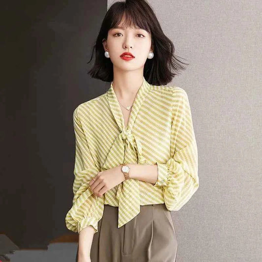 Striped Women's Shirt And Blouse Casual Youth Clothing Trend 2025 Novelty Streetwear Vintage Modern Long New V Neck Female Tops