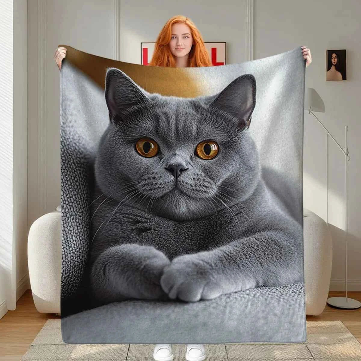 Personalized British Shorthair Cat Fleece Blanket - Custom Feline Portrait Luxury Plush Throw