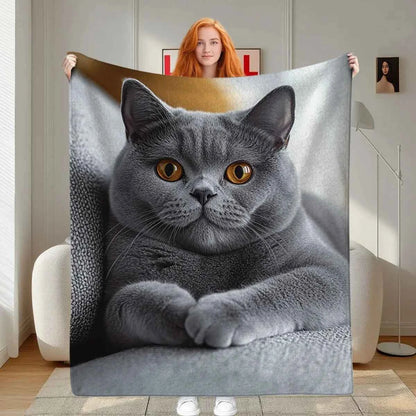Personalized British Shorthair Cat Fleece Blanket - Custom Feline Portrait Luxury Plush Throw