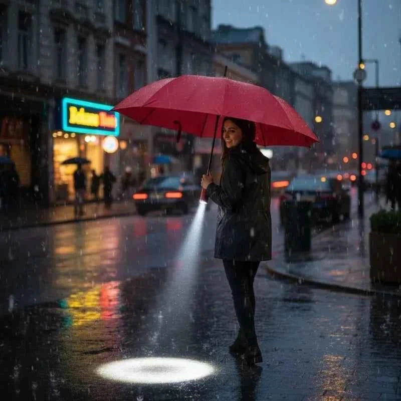 Travel Umbrella with Built-In LED Flashlight Rotating Handle Windproof 10-Rib UV Protection Automatic Open Design