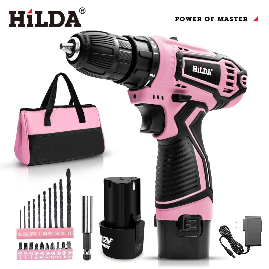 HILDA 21V Pink Drill Electric Drill Electric Screwdriver  Cordless Drill Mini Wireless Power Tools Lithium-Ion Battery - ShoreCo.Shop