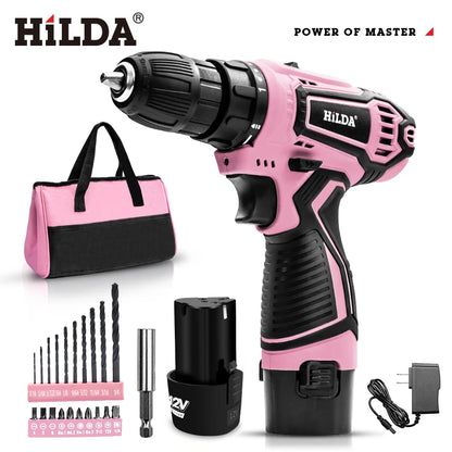 HILDA 21V Pink Drill Electric Drill Electric Screwdriver  Cordless Drill Mini Wireless Power Tools Lithium-Ion Battery - ShoreCo.Shop