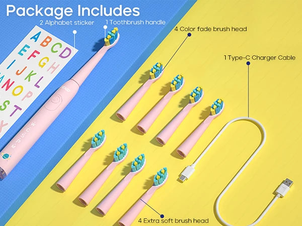 Children Electric Toothbrush with 8 Replacement Heads DIY Stickers 5 Cleaning Modes Blue Pink Yellow 3 Colors Soft Bristles - ShoreCo.Shop