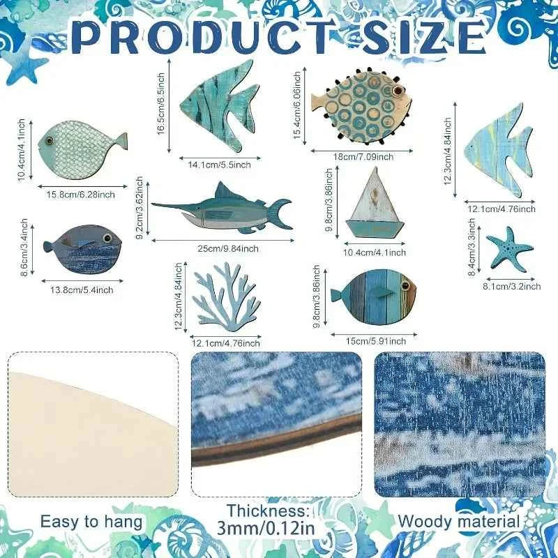 Nautical Coastal Ocean Home Wall Decor 10pcs Wooden Fish Hanging Ornament Non-3D Cute Pattern Beach Theme Bathroom Art Decor