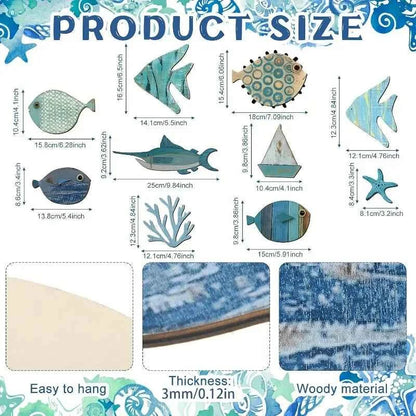 Nautical Coastal Ocean Home Wall Decor 10pcs Wooden Fish Hanging Ornament Non-3D Cute Pattern Beach Theme Bathroom Art Decor