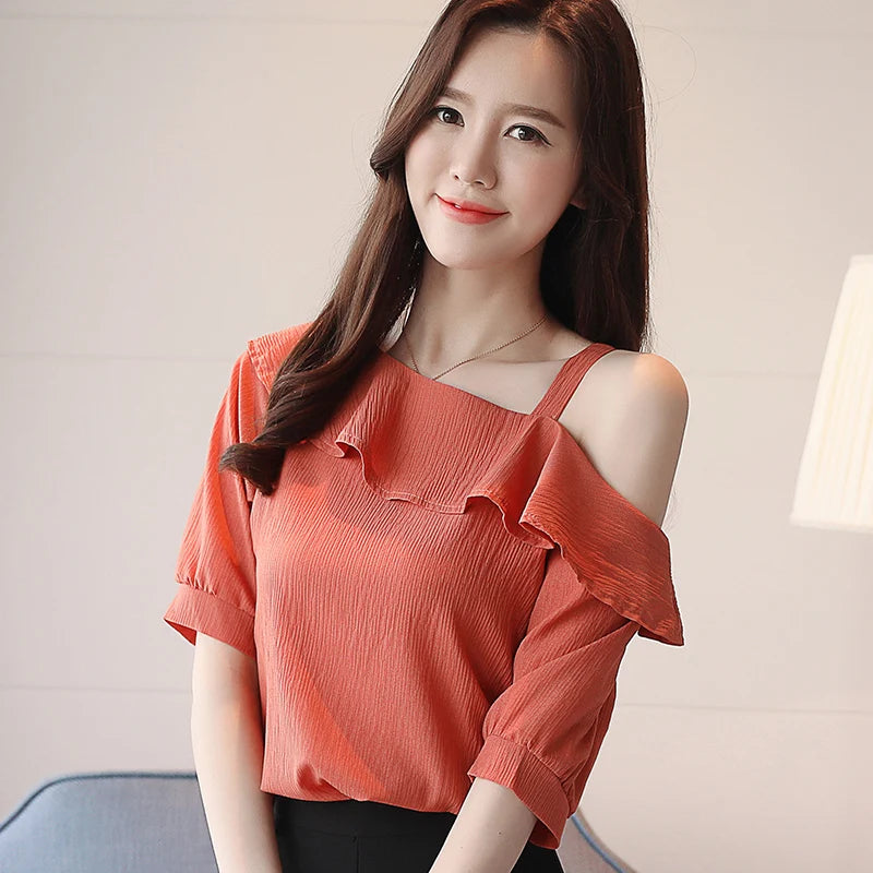 Women's Shirt Tops One-Shoulder Ruffles Short-sleeved Chiffon Blouse    Your Coastal Marketplace | Shoreshopper.com