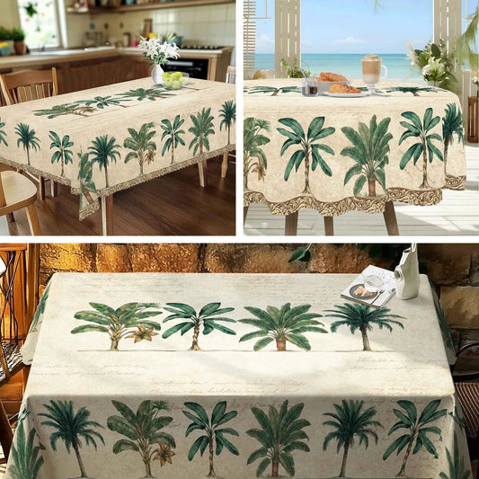 1pc Tropical Palm Tree Tablecloth, Vintage Green Leaf Table Cover, Round & Rectangular Shapes, Summer Decor