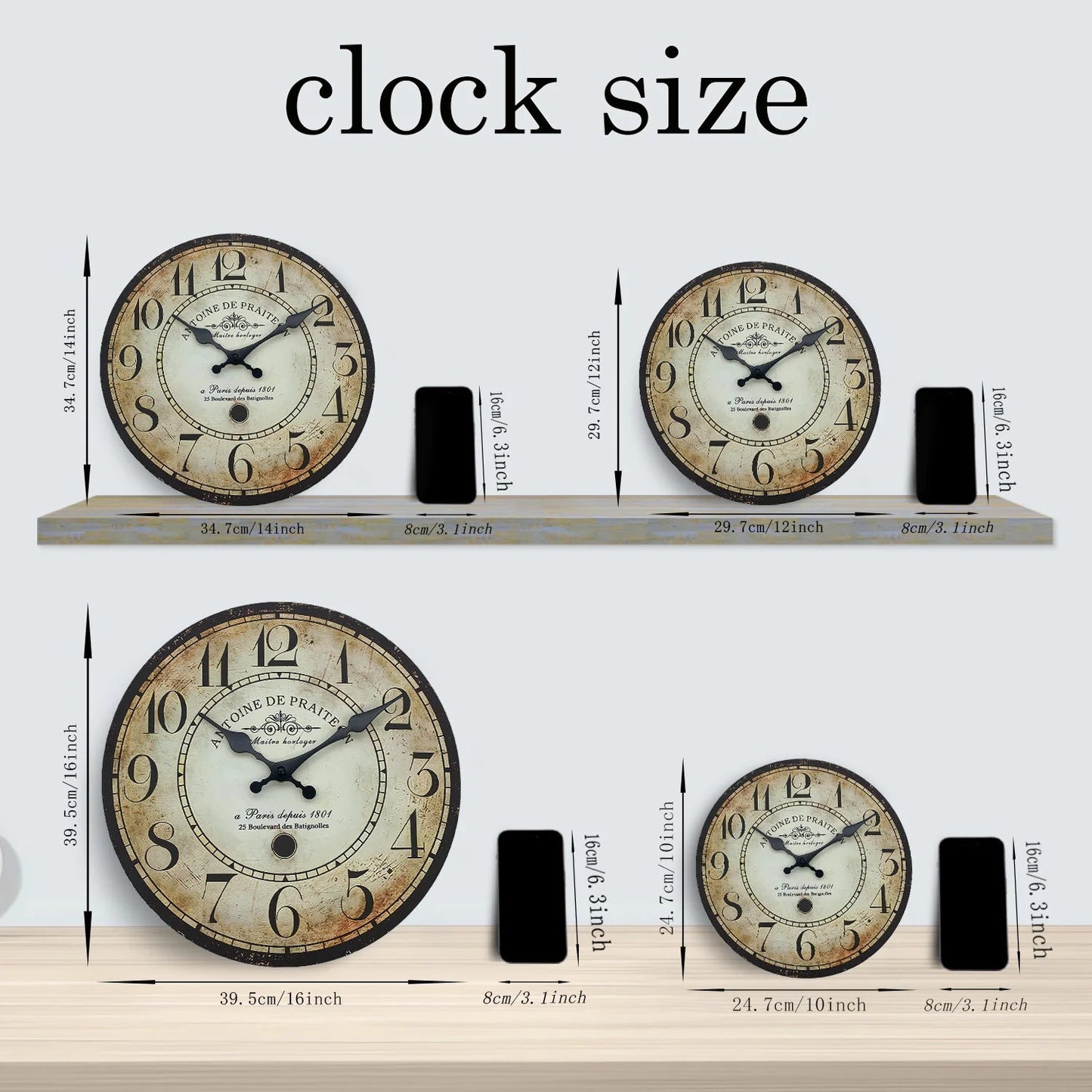 Retro“ Antoine De Praiteon a Paris Dehuis1801” Pattern Wooden Wall Clock Living Room Bedroom Kitchen Home Decoration Wall Clock Silent Quartz Clock Holiday Gift 10 Inches 12 Inches 14 Inches 16inch (Without Battery)    Home Decor Supply | Online Retail | ShoreShopper.com