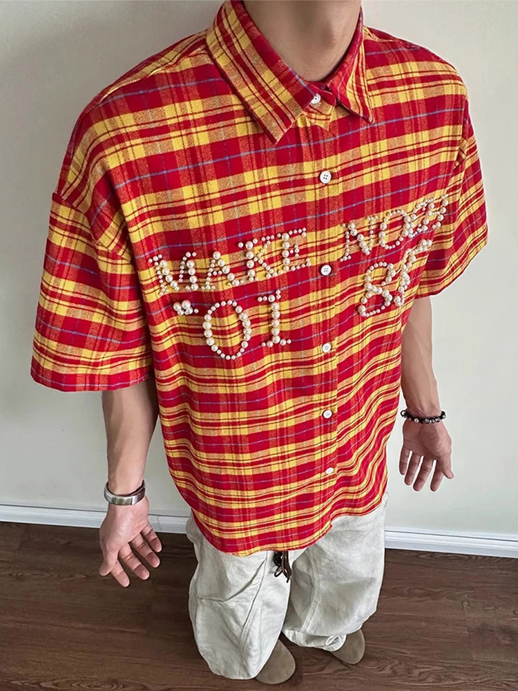 Trendy Pearls Stitching Shirts For Men 2025 Summer New Casual Plaid Shirt Mens Vintage Button-up Turn-down Collar Cardigan Tops    Home Decor Supply | Online Retail | ShoreShopper.com