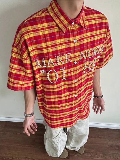 Trendy Pearls Stitching Shirts For Men 2025 Summer New Casual Plaid Shirt Mens Vintage Button-up Turn-down Collar Cardigan Tops    Home Decor Supply | Online Retail | ShoreShopper.com