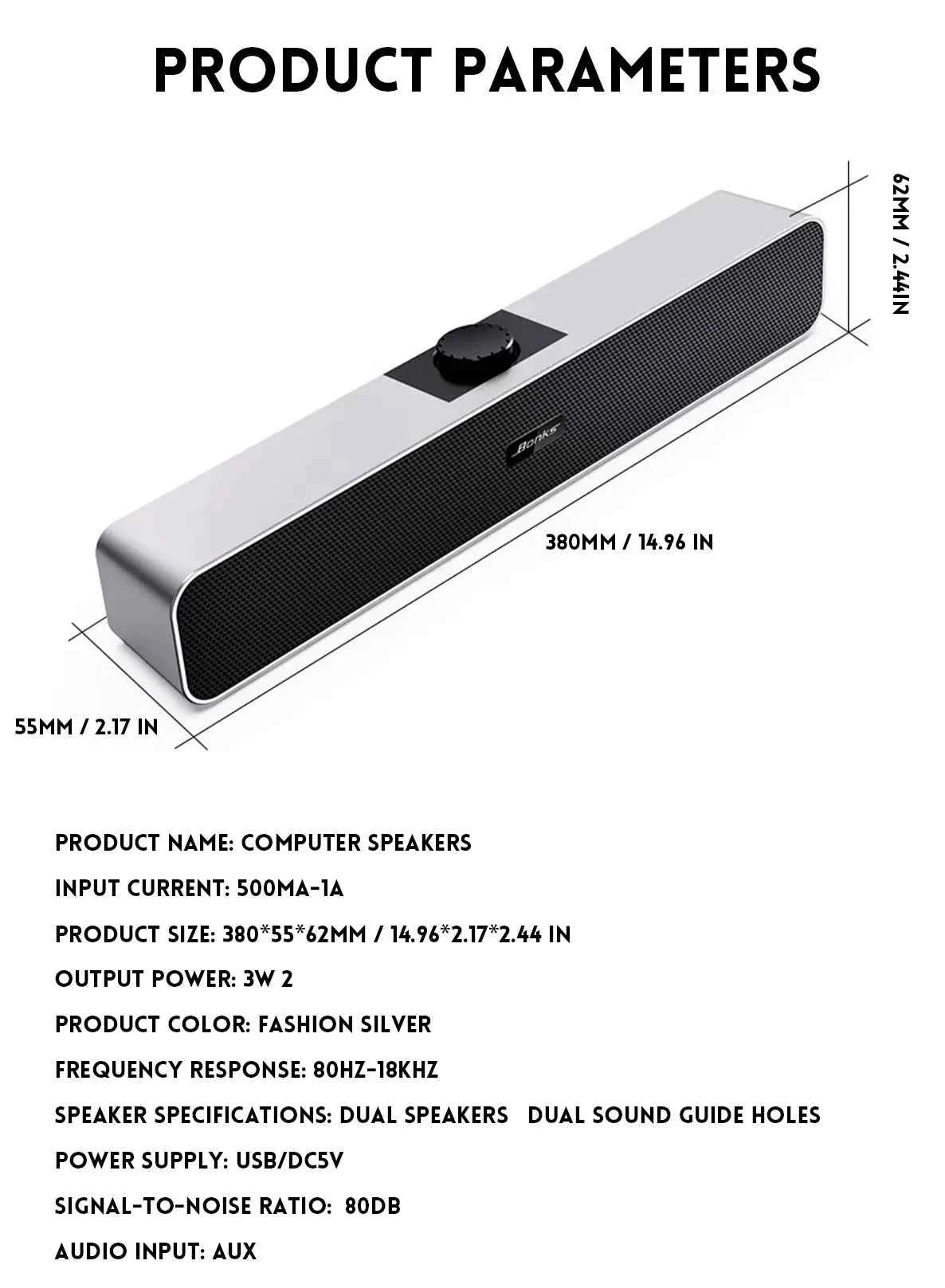 B Computer Speakers with 3.5 mm Aux, Small PC Speakers Powered by USB, USB Soundbar for Monitor，Wired USB Desktop Speaker,