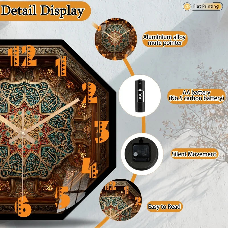 2D-Flat Distinctive Islamic Calligraphy Octagon Intricate Geometric Wall Clock for Office Kitchen Halloween Mother's Day Gifts    Home Decor Supply | Online Retail | ShoreShopper.com