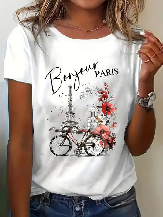 Fashion Bonjour Paris Text Print Short Sleeve Printed T Shirt  Casual Clothing Women's T-Shirt Graphic Clothing Top Tee    Home Decor Supply | Online Retail | ShoreShopper.com
