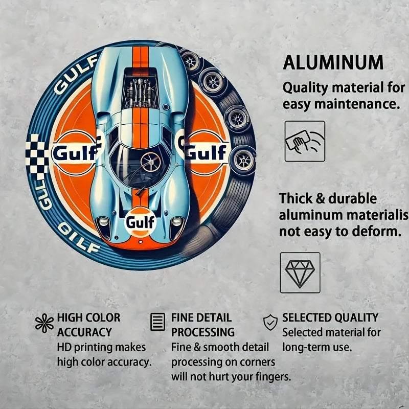 1pc Vintage Gulf Racing Car Metal Tin Sign - Retro Style Wall Art with Blue & Orange Stripes, Aluminum, Perfect for Home, Cafe    Home Decor Supply | Online Retail | ShoreShopper.com